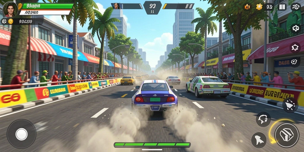 Screenshot gameplay 9939 menampilkan balapan seru di trek yang menantang.