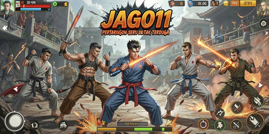 Tangkapan layar utama menampilkan karakter dalam pertarungan seru di arena yang menakjubkan.