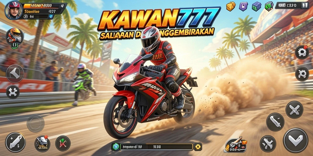 Screenshot gameplay KAWAN777 dengan tampilan balapan motor yang seru.