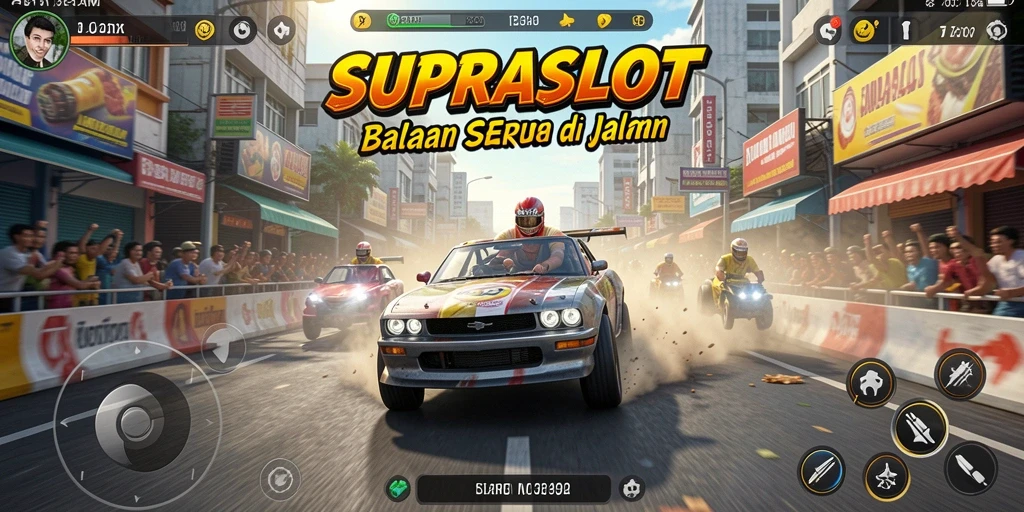 Tampilan gameplay balapan seru di SUPRASLOT yang penuh aksi.